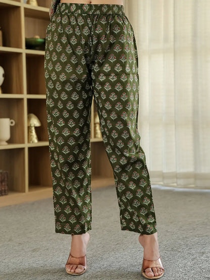 Olive Green Ethnic Motifs A-Line Kurta Trouser Dupatta Set With Bucket Neck