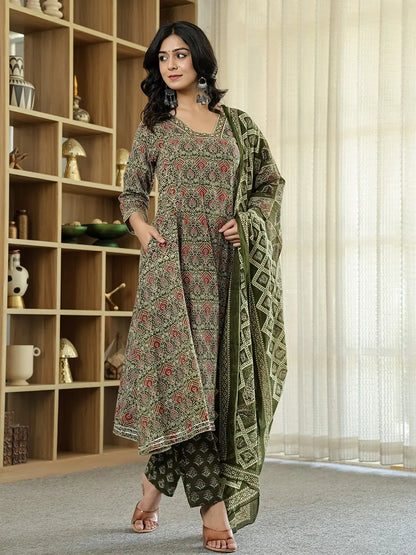 Olive Green Ethnic Motifs A-Line Kurta Trouser Dupatta Set With Bucket Neck