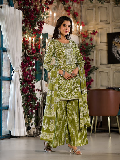 Olive Green Ethnic Motifs Zari Work Kurta Sharara With Dupatta Set