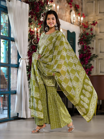 Olive Green Ethnic Motifs Zari Work Kurta Sharara With Dupatta Set