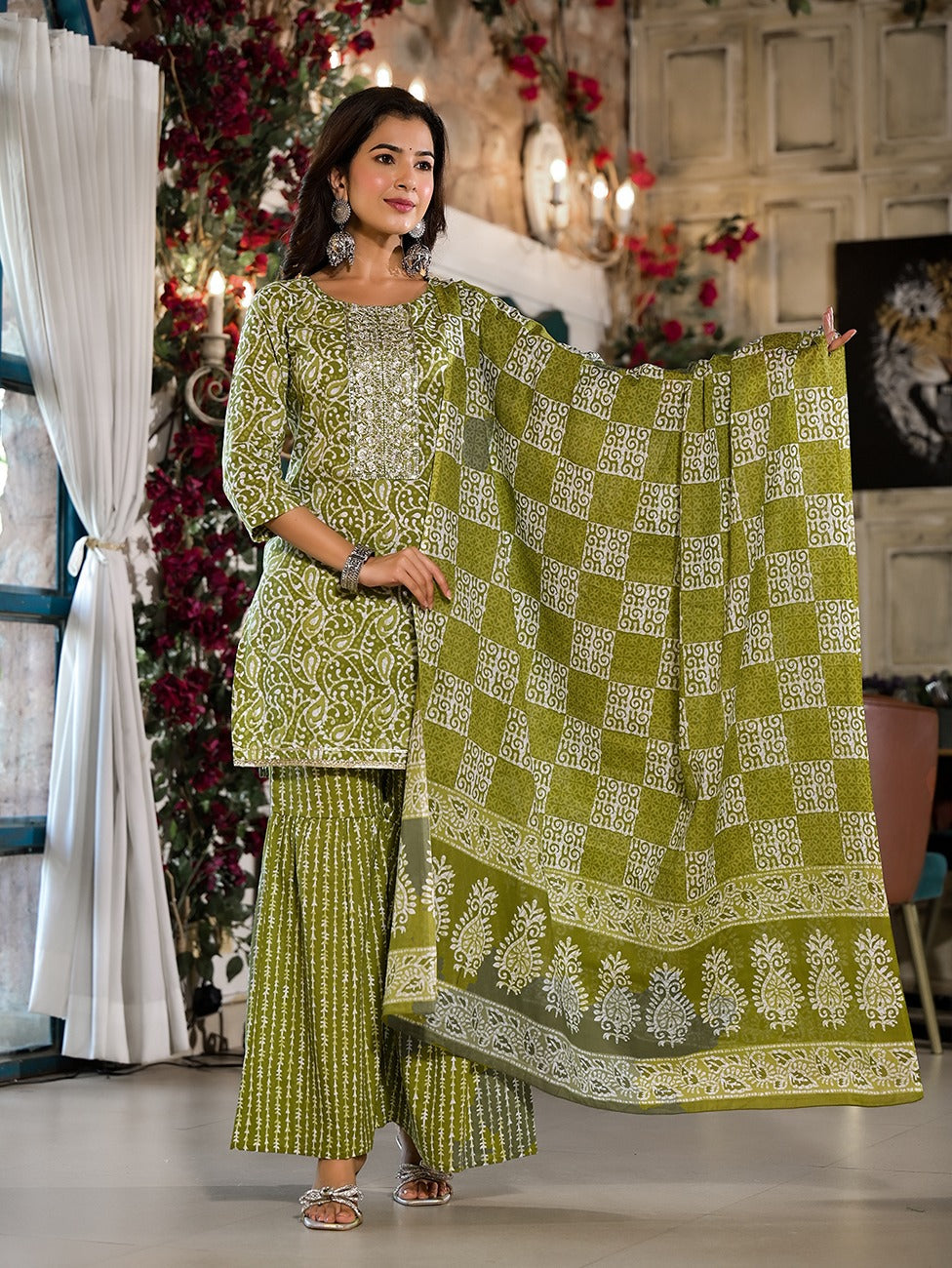 Olive Green Ethnic Motifs Zari Work Kurta Sharara With Dupatta Set