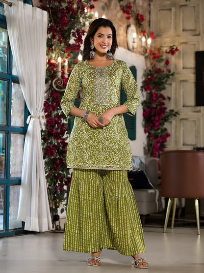 Olive Green Ethnic Motifs Zari Work Kurta Sharara With Dupatta Set