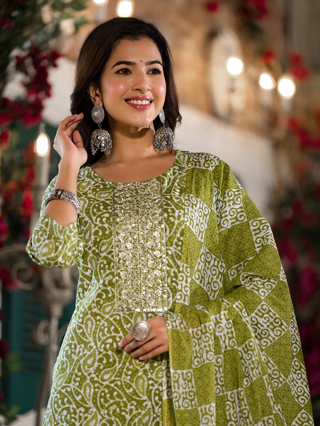 Olive Green Ethnic Motifs Zari Work Kurta Sharara With Dupatta Set