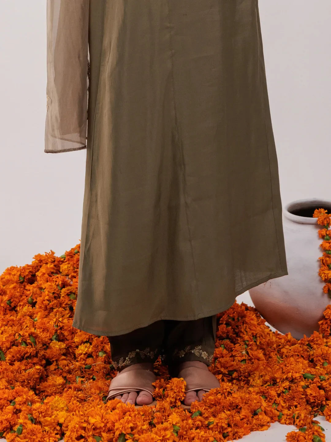 Olive Green Silk Embroidered Kurta Dupatta Set