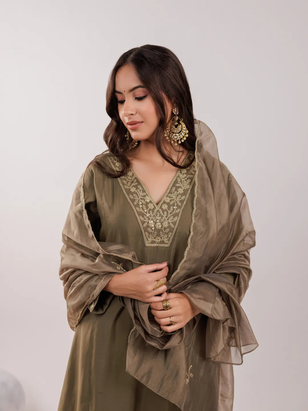 Olive Green Silk Embroidered Kurta Dupatta Set