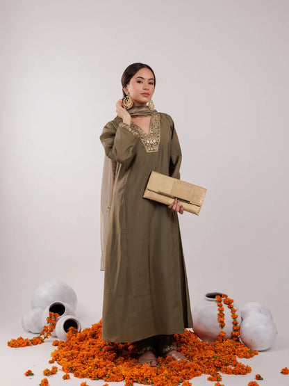 Olive Green Silk Embroidered Kurta Dupatta Set