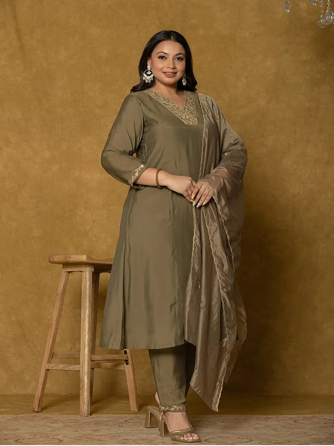 Olive Green Silk Embroidered Plus Size Kurta Dupatta Set