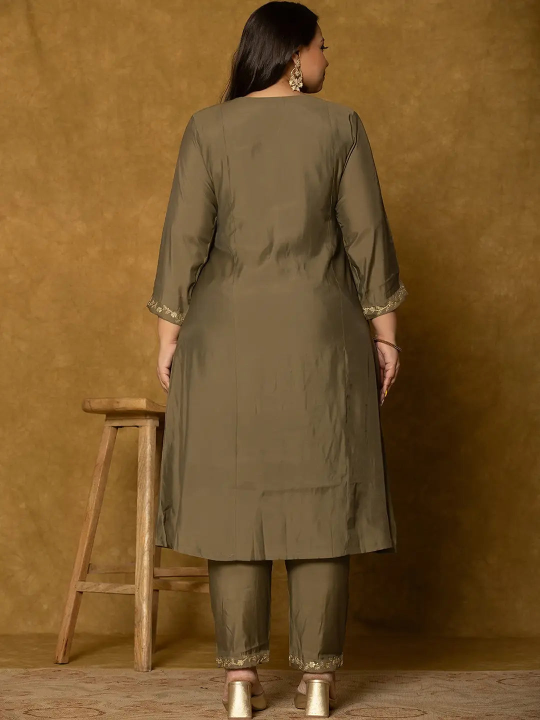 Olive Green Silk Embroidered Plus Size Kurta Dupatta Set