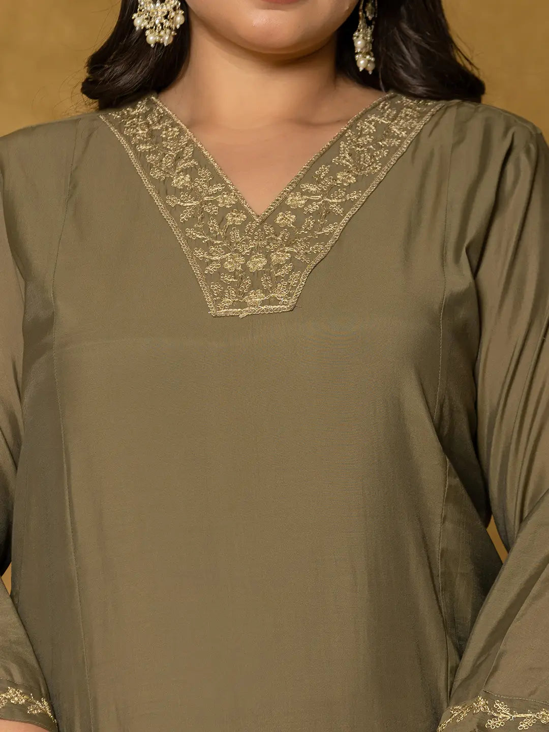 Olive Green Silk Embroidered Plus Size Kurta Dupatta Set