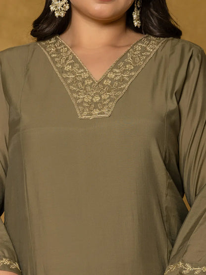 Olive Green Silk Embroidered Plus Size Kurta Dupatta Set