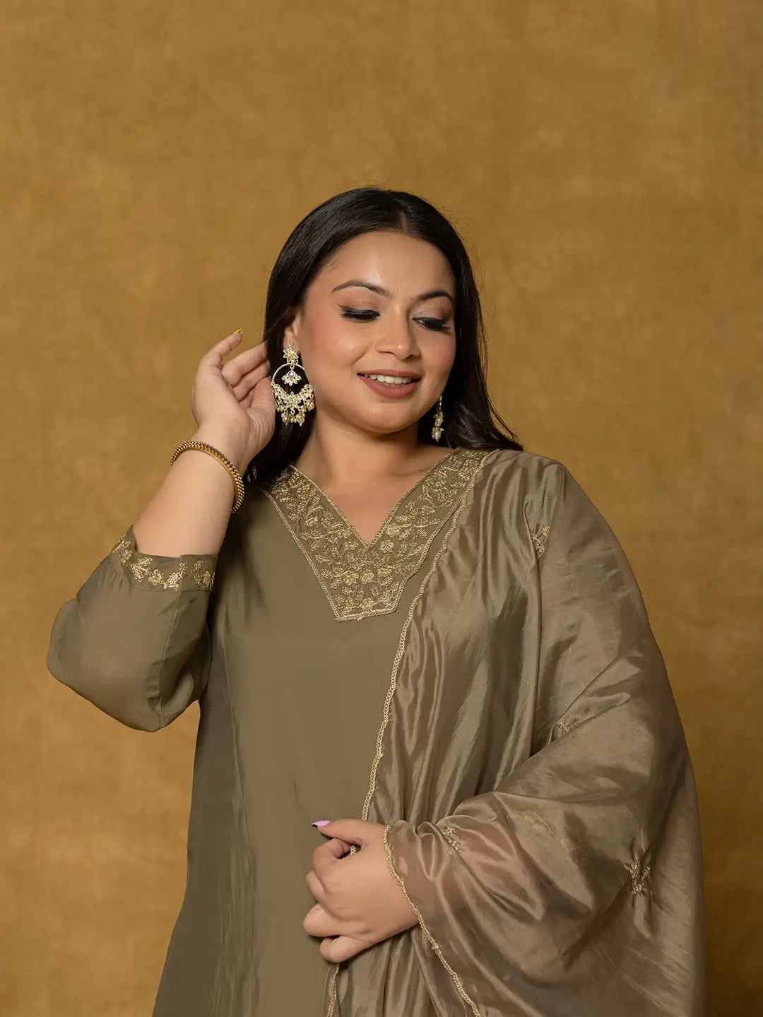 Olive Green Silk Embroidered Plus Size Kurta Dupatta Set
