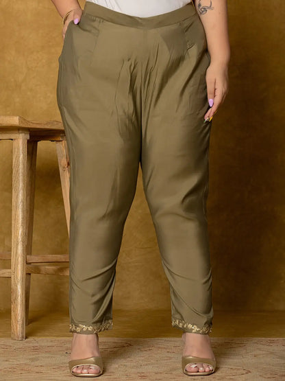 Olive Green Silk Embroidered Plus Size Kurta Dupatta Set