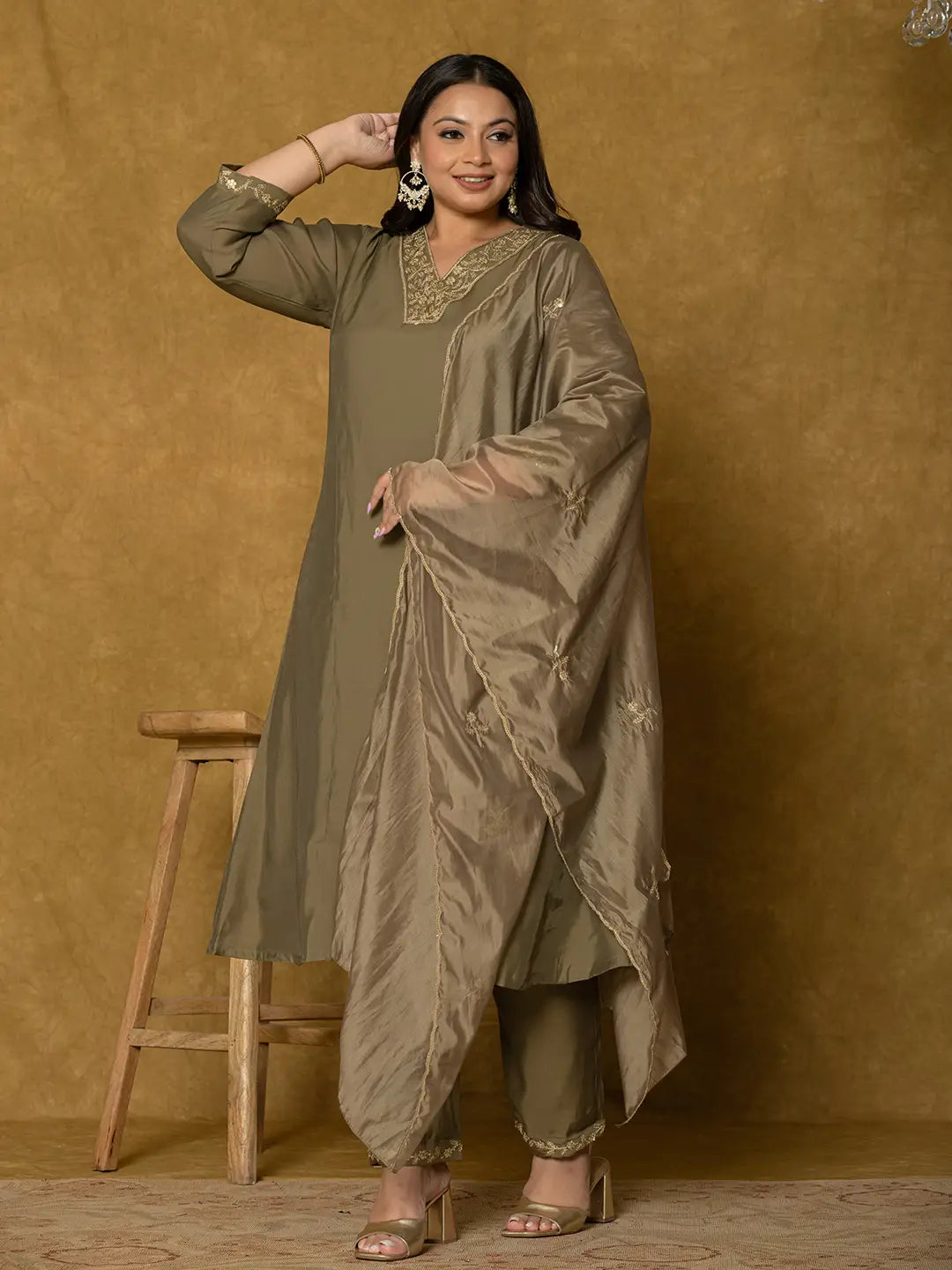Olive Green Silk Embroidered Plus Size Kurta Dupatta Set