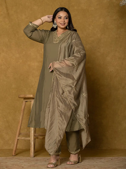 Olive Green Silk Embroidered Plus Size Kurta Dupatta Set