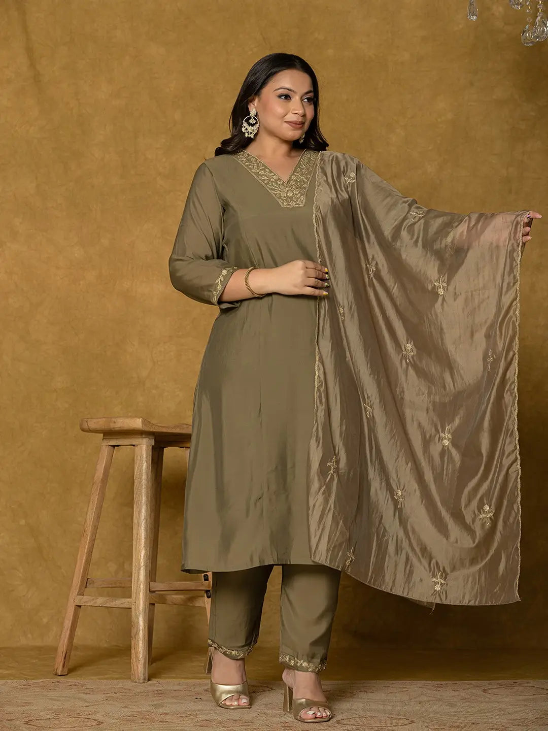 Olive Green Silk Embroidered Plus Size Kurta Dupatta Set
