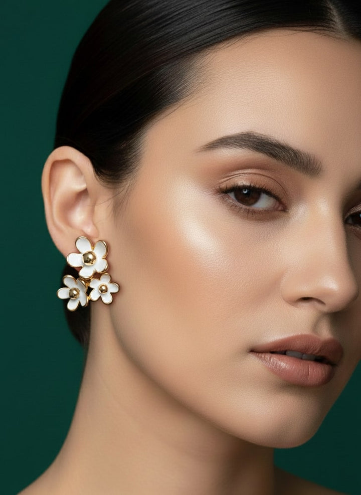 White &amp; Golden Flower Studs