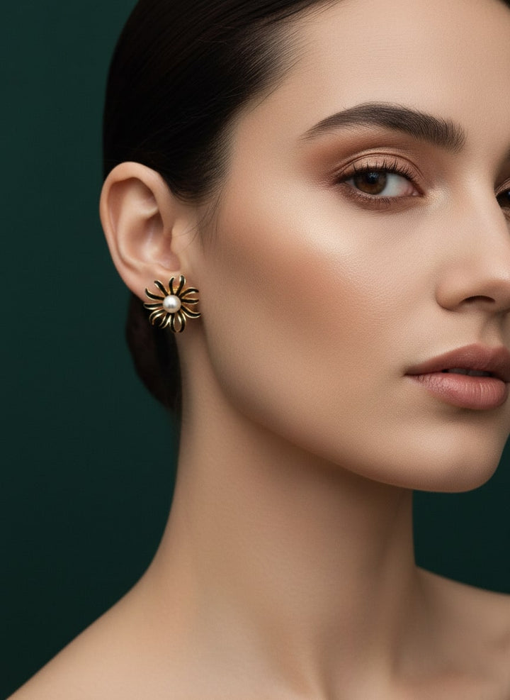 Golden Flower With White Pearl Studs