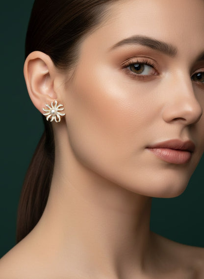 White Floral With Pearls Studs