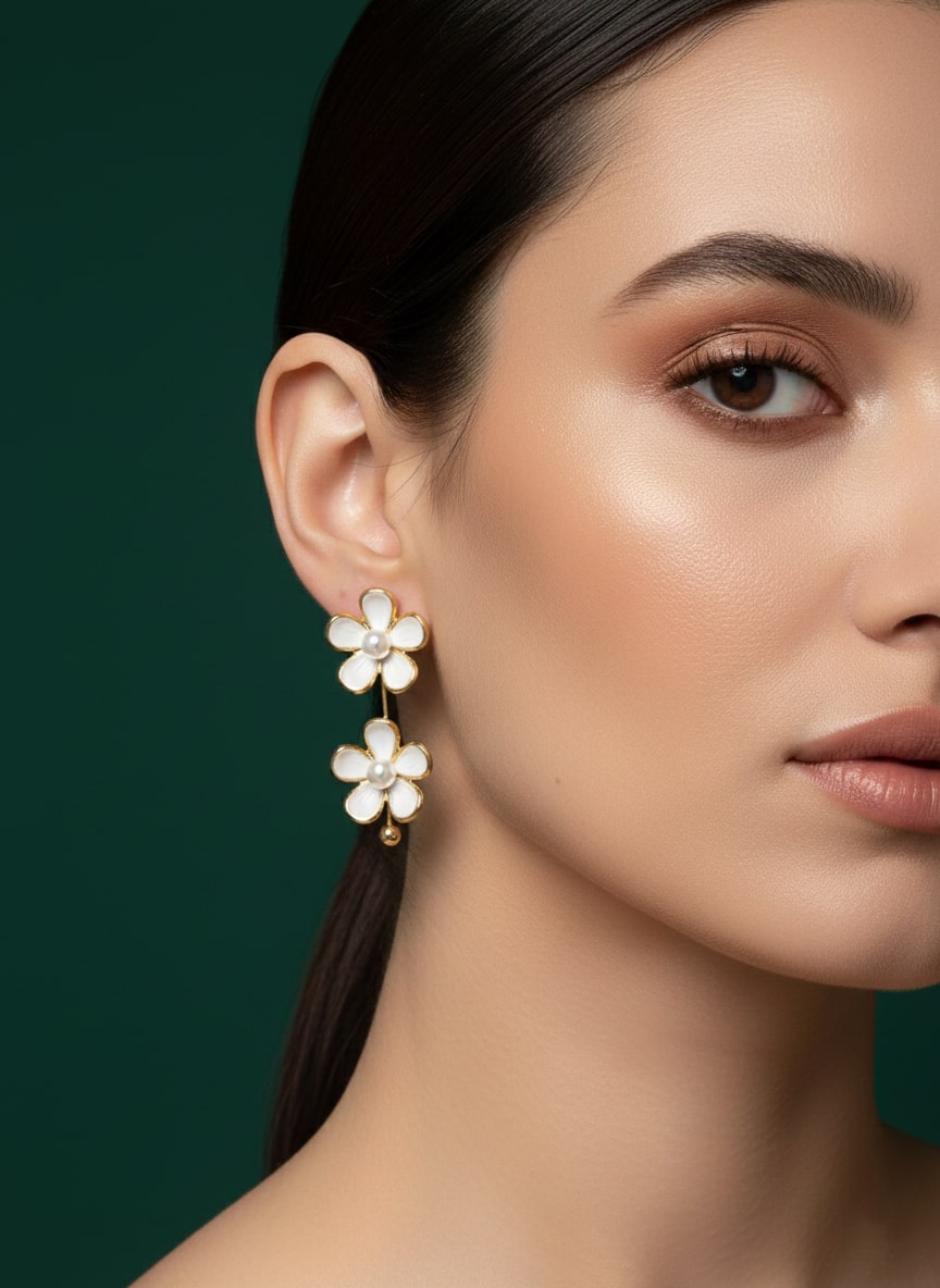 White &amp; Golden Flower Earrings