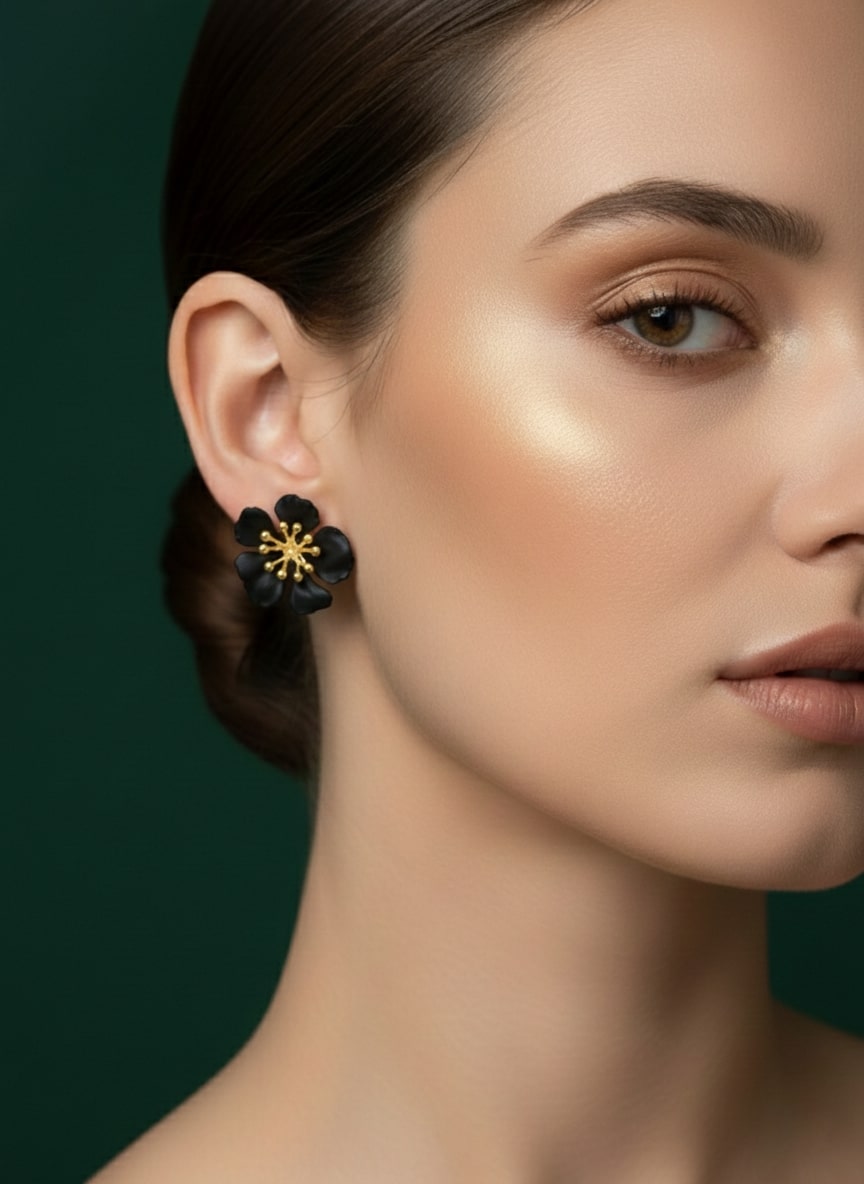 Black &amp; Gold Flower Clasic Studded Earrings