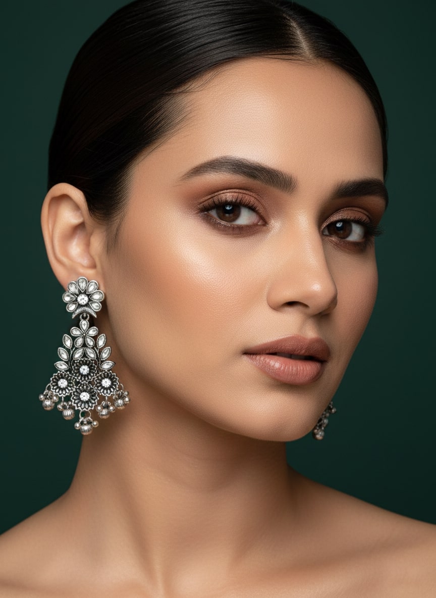 German Silver Stone &amp; Beaded Drop Earrings