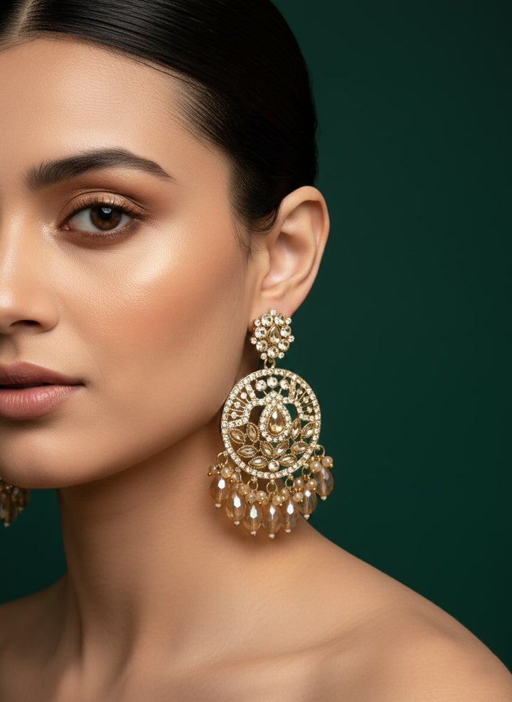 Circular Shaped Kundan &amp; Beaded Drop Earrings