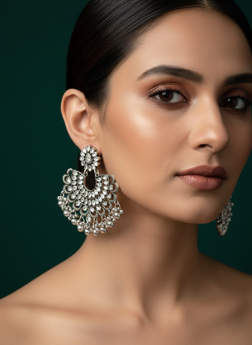 Circular Stone &amp; Beaded Oxidised Drop Earrings