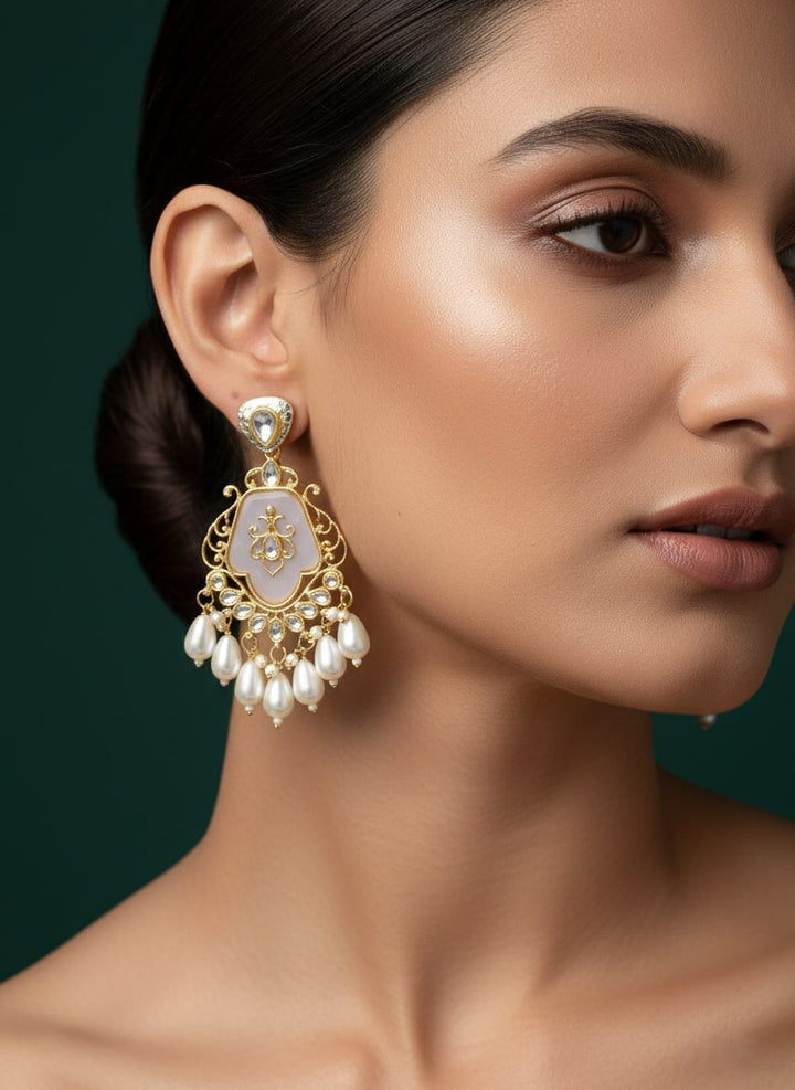 Elegant Peach-Coloured Kundan &amp; Faux Pearl Earrings