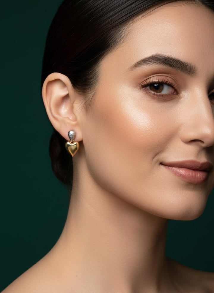 Silver-Gold Teadrop With Heart Earring