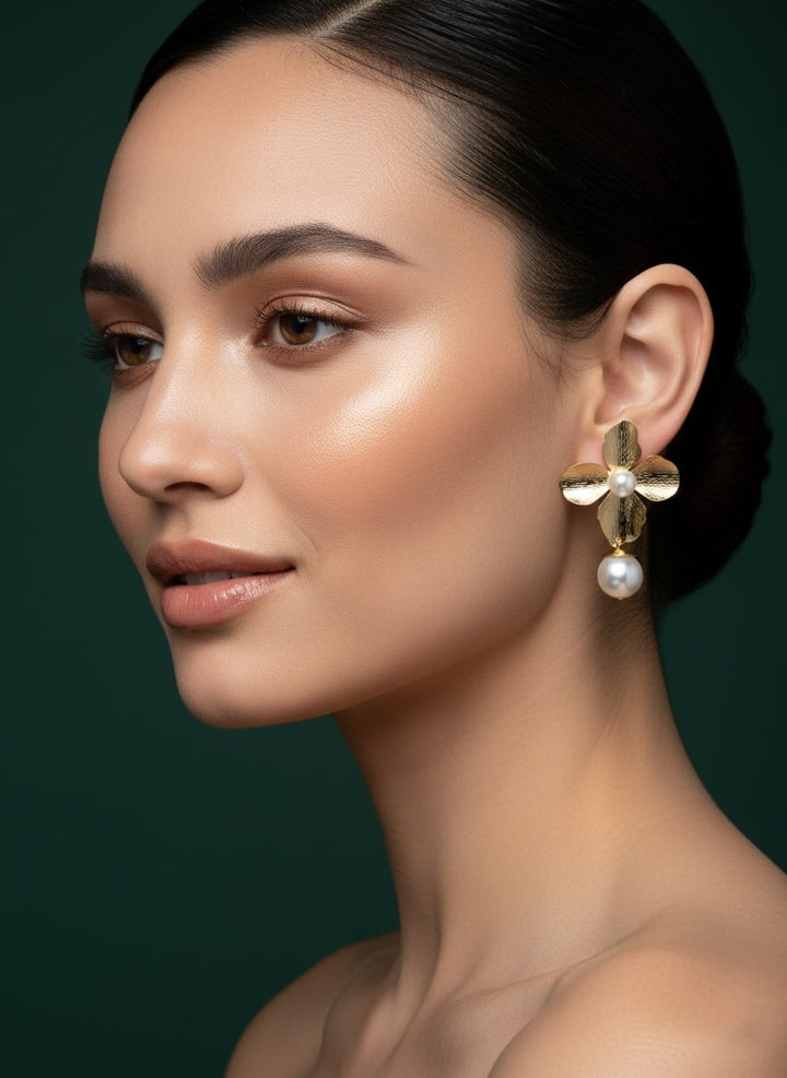 Golden Flower With hanging pearl earring