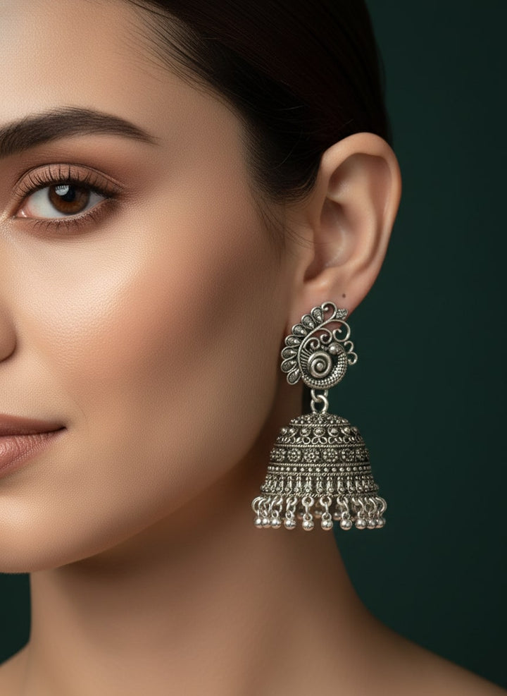 Oxidized Floral &amp; Bird Motif Jhumka Earrings