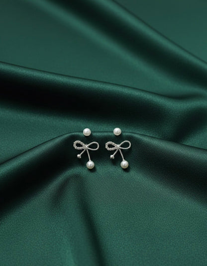 Silver Plated Pack of 2 Bow & Pearl Studs