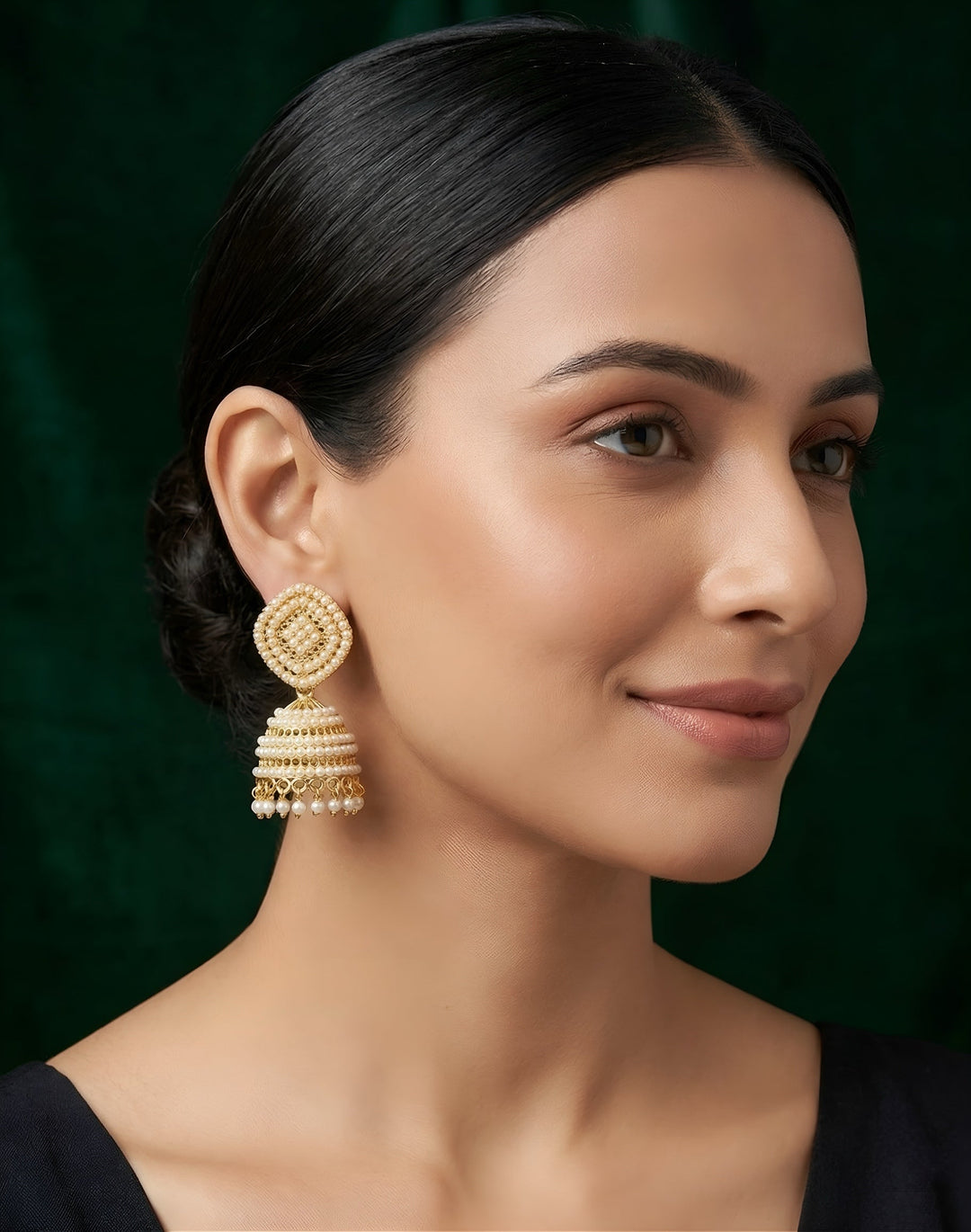 Gold Plated Artificial Pearls &amp; Beaded Jhumka Earrings