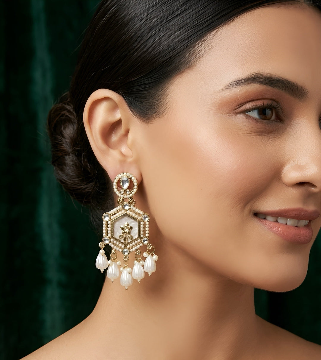 Gold Plated Kundan &amp; Pearl Statement Earrings