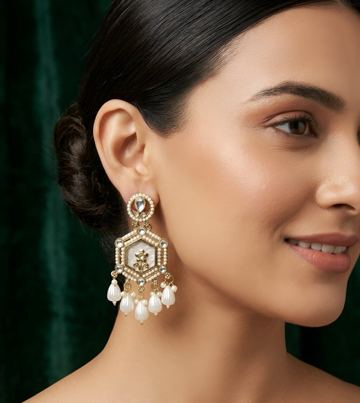 Gold Plated Kundan &amp; Pearl Statement Earrings