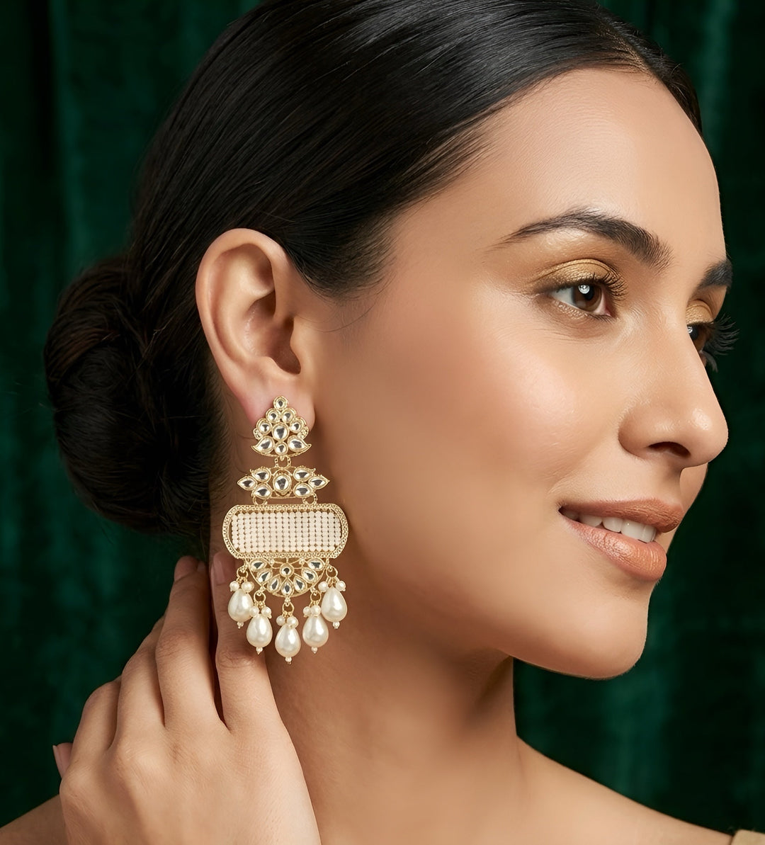 Gold Plated Kundan &amp; Pearl Statement Earrings