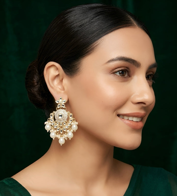 Gold Plated Kundan &amp; Pearl Statement Earrings