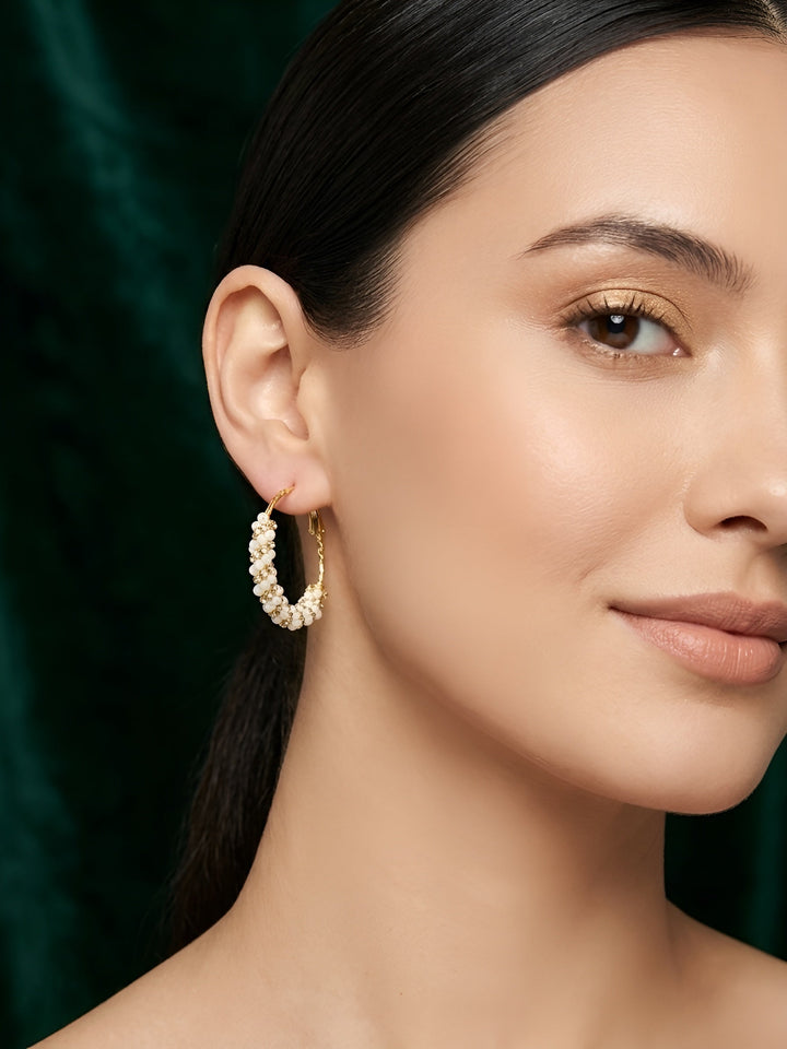 Gold Plated Artificial Pearls &amp; Diamond Hoops