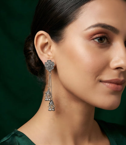 Silver Plated Oxidized Tassels Jhumki Earrings