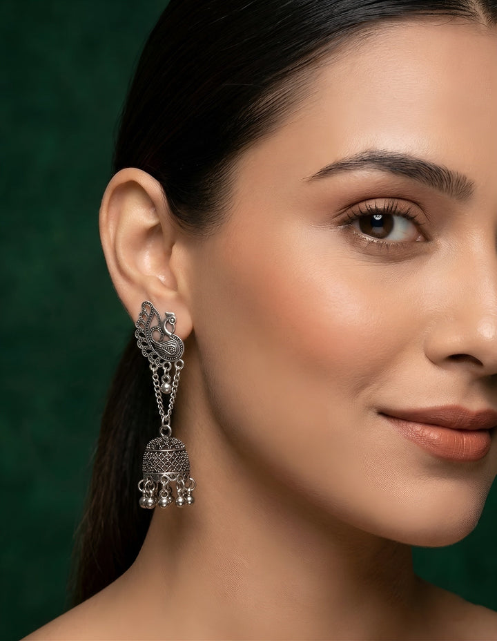 Silver Plated Oxidized Peacock With Jhumki Earrings