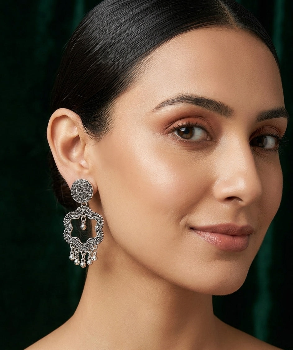 Silver Plated Oxidized Fancy Drop Earrings