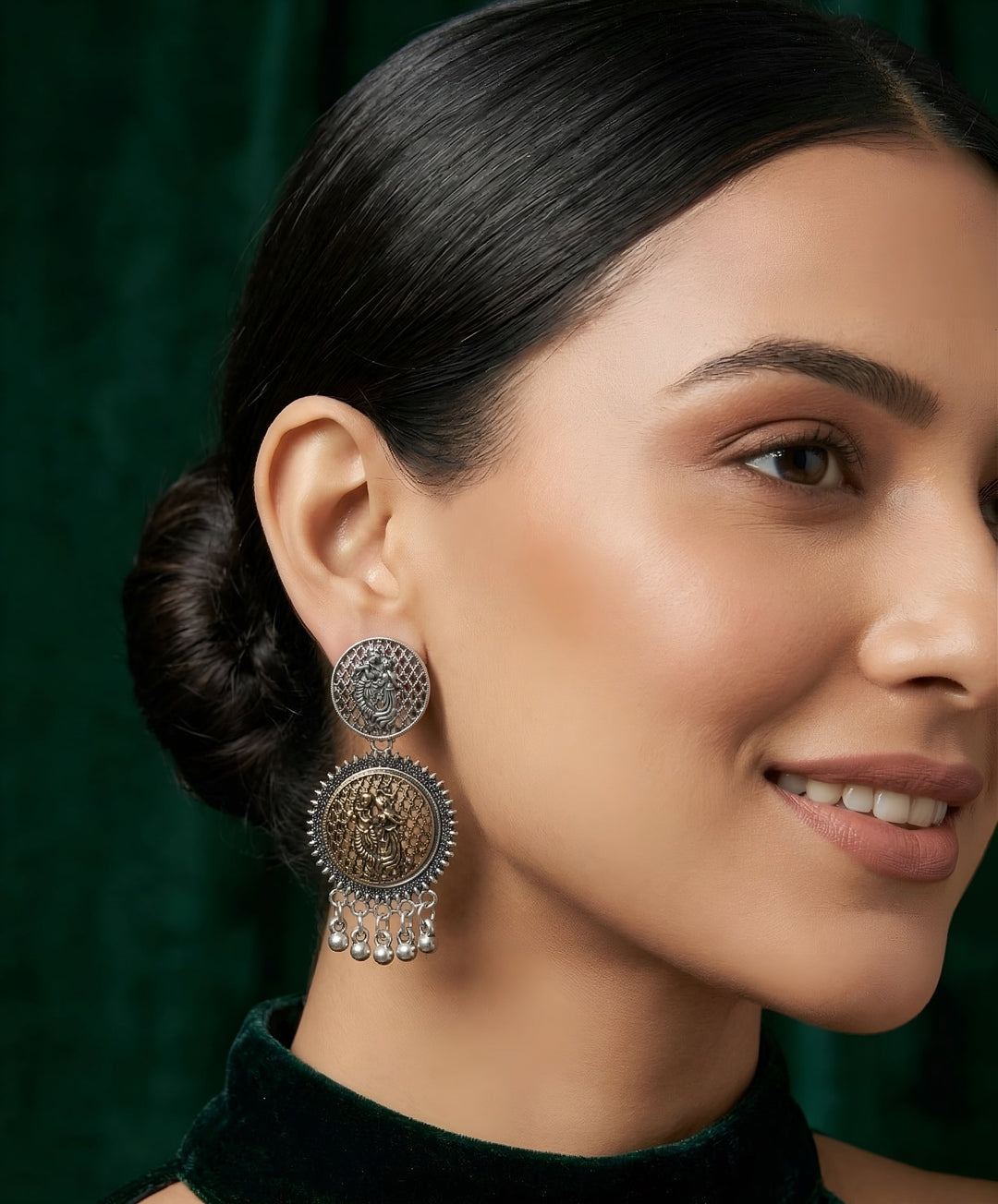Silver Plated Oxidized Circular Design Drop Earrings