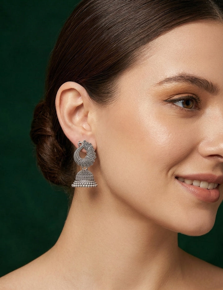Silver Plated Oxidized Peacock With Jhumki Earrings