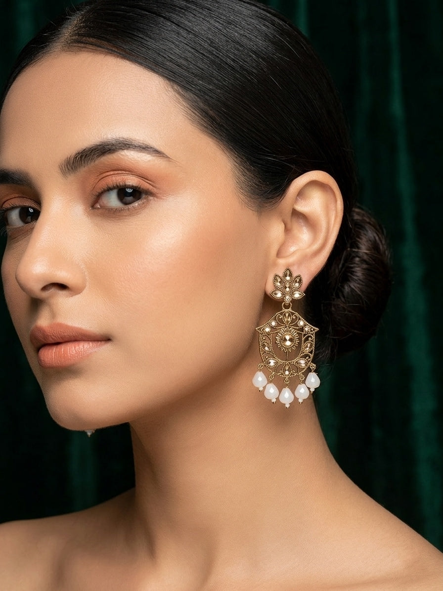Gold Plated Fancy Kundan &amp; Beaded Earrings