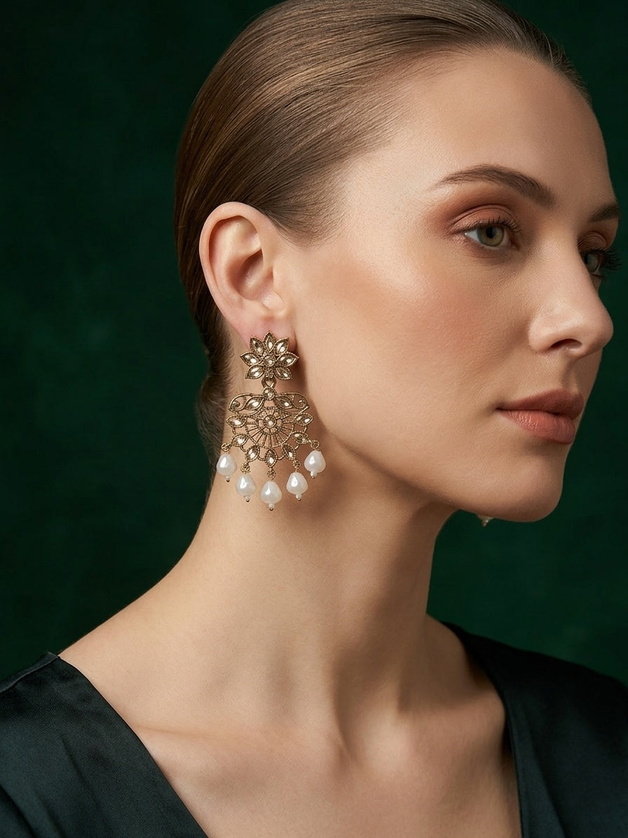 Gold Plated Fancy Kundan &amp; Beaded Earrings