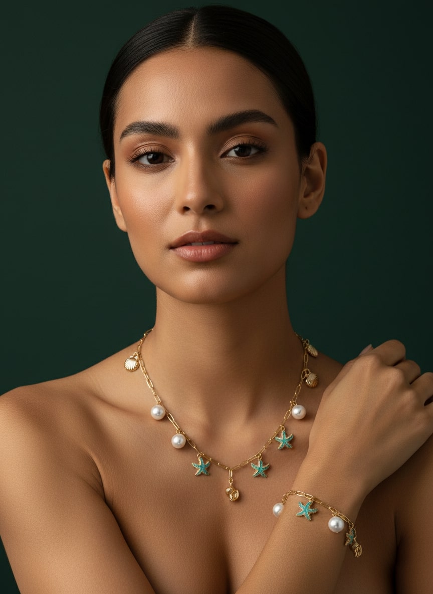Trendy Stars &amp; Pearls Necklace With Bracelet