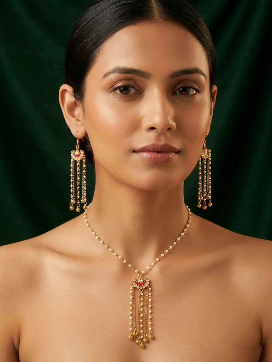 Gold-Toned Pearl Chain Necklace with Tassel Pendant &amp; Matching Long Earrings Set for Women