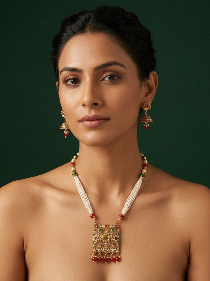 Gold-Toned Pearl Layered Necklace Set with Matching Earrings for Women