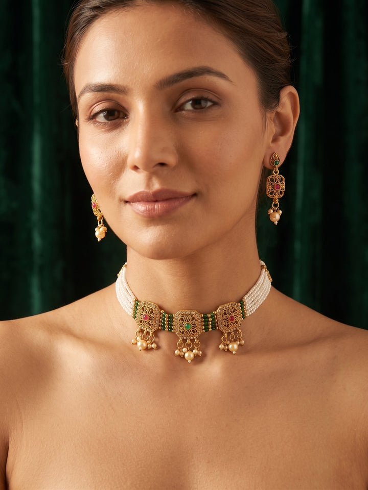 Gold Plated Treditional Choker Necklace &amp; Earrings
