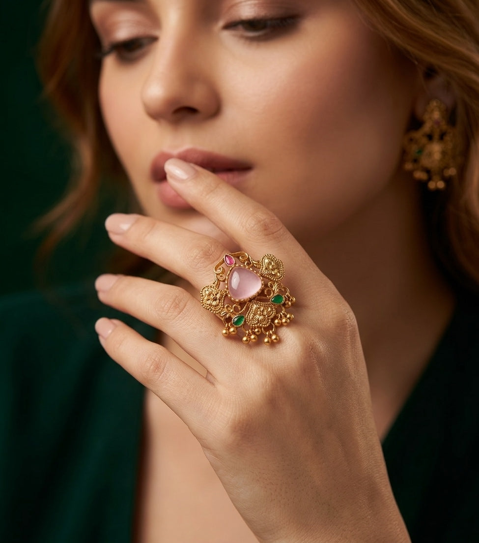 Women Gold-Plated Stone Studded Traditional Statement Ring